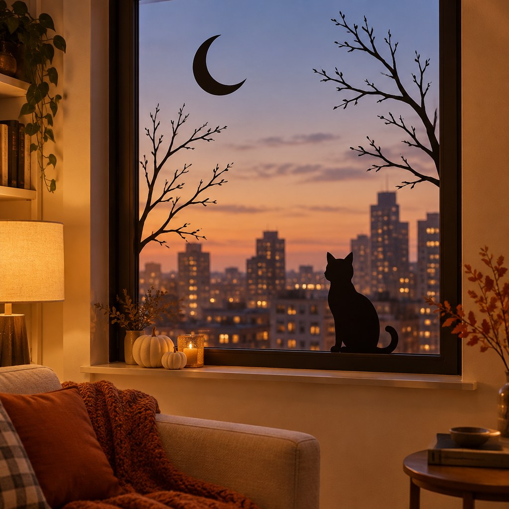 Temporary renter-friendly Halloween window silhouette with moon, branches and cat in a cozy apartment
