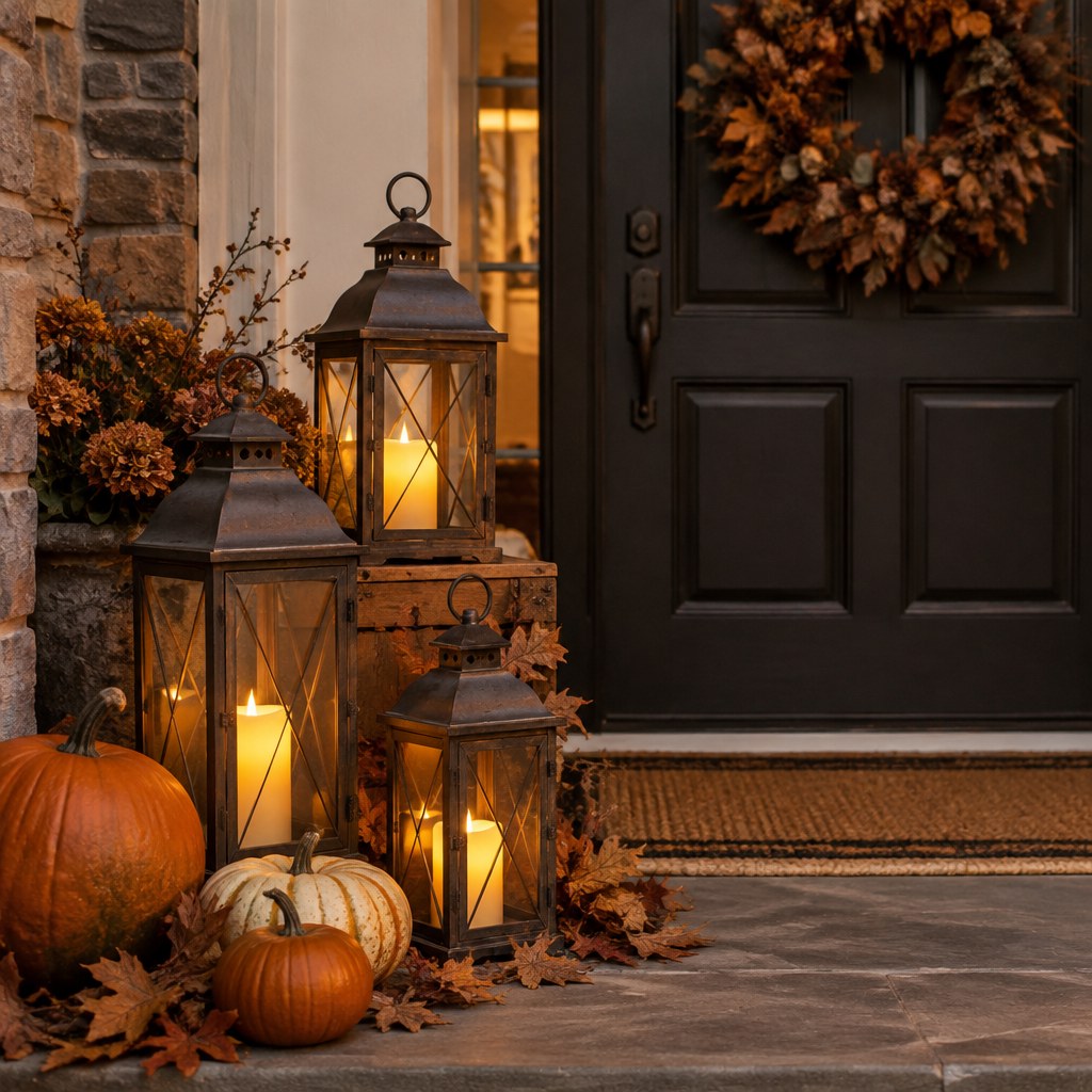 Vintage inspired lantern display with pumpkins on a Halloween porch