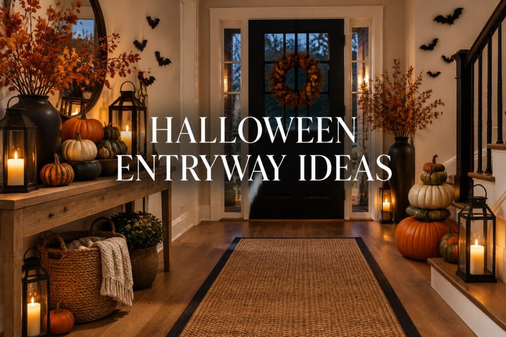 Warm and elegant Halloween entryway decorating ideas with pumpkins and lanterns