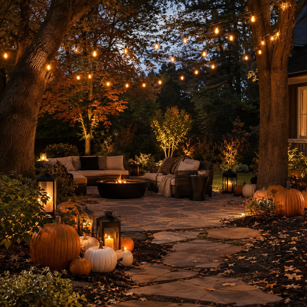Hang Bulbs Between Trees for a Halloween backyard evening party