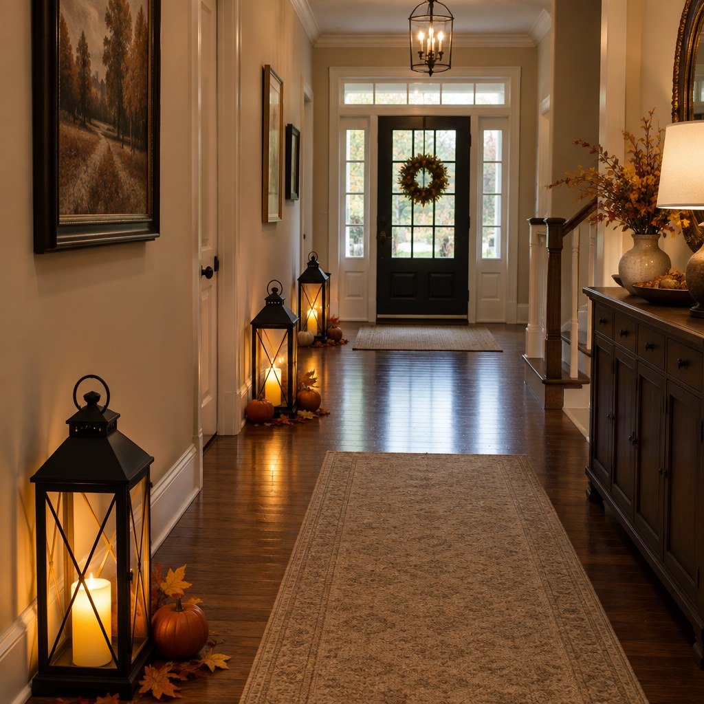 Warm lantern path decorating an indoor Halloween entryway