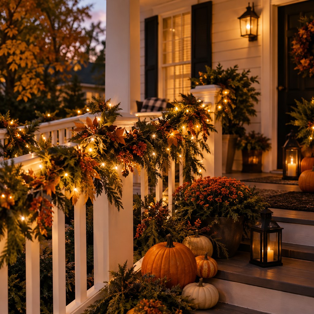 Warm outdoor string lights glowing through greenery on a Halloween porch